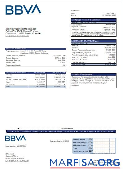 Printable Colombia BBVA bank mortgage statement scr download for verification
